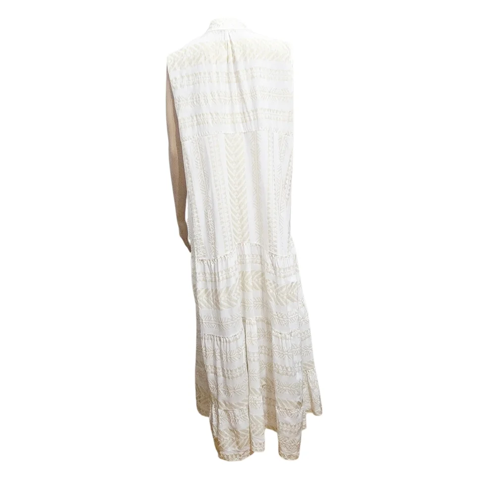 Made In Italy White Sleeveless Tiered Maxi Dress With Gold Embroidery Detail 12 - Picture 3 of 8